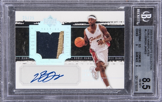 2003-04 UD "Exquisite Collection" Noble Nameplates #LJ LeBron James Signed Game Used Patch Rookie Card (#25/25) – BGS NM-MT+ 8.5/BGS 10